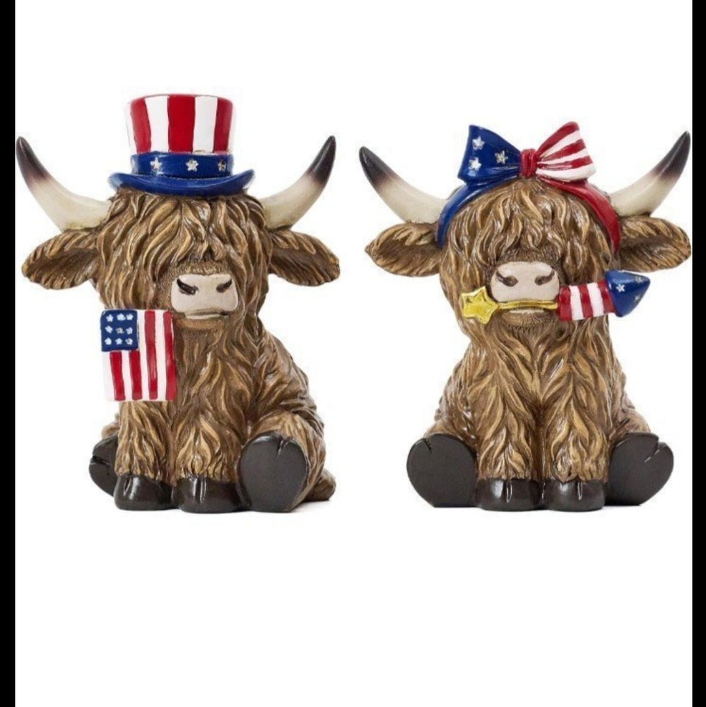NWT SET OF 2 PATRIOTIC HIGHLAND COWS. NOT HOBBY LOBBY.